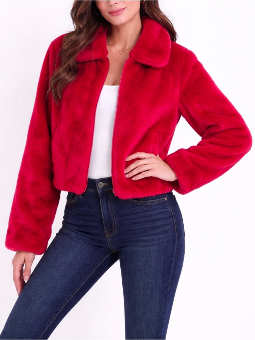 Sugar Thrillz Cupid’s Fool Red Plush Faux Fur Cropped Jacket Plus Size 1X